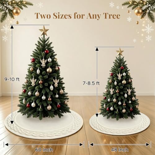 VOXOR 60 Inch Christmas Tree Skirt, Extra Large Chunky Knitted Tree Skirt with Bow Tie Closure, Cream Vintage Tree Skirts for 9 & 10 Feet Trees, Farmhouse Christmas Decorations for Home Living Room - Image 3