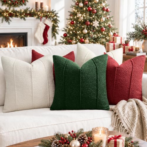 YCOLL Christmas Green Boucle Pillow Covers 22x22 Set of 2, Textured Christmas Pillow Covers with Striped Design, Soft Farmhouse Decorative Throw Pillow Covers for Christmas Decor - Image 4