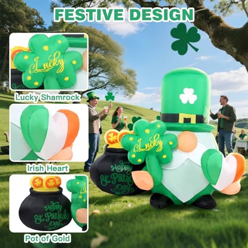 St Patricks Day Inflatables Outdoor Decorations, 4FT Inflatable Lucky Gnome Leprechaun with Shamrock, Pot of Gold & Irish Heart, LED Lights St. Patrick's Blow Up Yard Decor for Outside Garden Lawn - Image 4