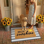 2 Pcs Layered Front Porch Decor, Hello Sunshine Welcome Doormats Summer Coastal Entryway Rug Set, Black and White Striped Crystal Velvet Base and PVC Coil Door Mat, 15.7x23.6 & 23.6x31.5 - Image 5