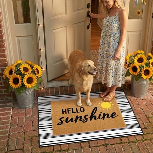 2 Pcs Layered Front Porch Decor, Hello Sunshine Welcome Doormats Summer Coastal Entryway Rug Set, Black and White Striped Crystal Velvet Base and PVC Coil Door Mat, 15.7x23.6 & 23.6x31.5 - Image 5