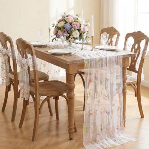 White Floral Table Runner Embroidery Floral 3pcs 10ft Tulle Spring Sashes - Image 2