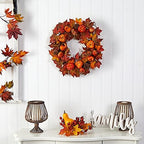 Nearly Natural 24in. Autumn Maple Leaves, Pumpkin, Pinecone and Berries Artificial Fall Wreath - Image 3