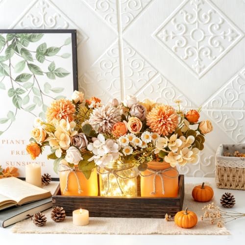 Mason Jar Centerpiece with Wood Tray – 3 Jars Orange & Beige Chamomile - Image 7