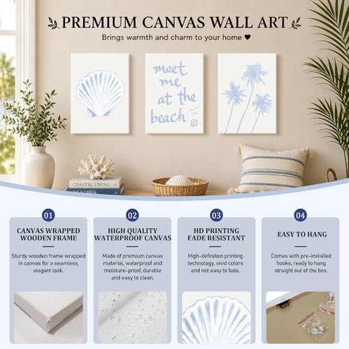 Framed Coastal Granddaughter Wall Art Set of 3, Blue Shell Palm Tree Wall Decor Print Poster, Meet Me At The Beach Room Aesthetics Canvas Painting for Dorm Girly Room Bathroom Decoration 16x24 inch - Image 3