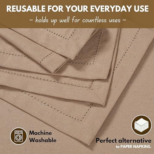 Native Fab Cotton Cloth Napkins, 18 x 18 inch, Set of 12, Hemstitch Tailored Corners, Soft, Absorbent, Washable Fabric, Table Napkins for Fall, Thanksgiving, Holiday, Dinner, and Everyday Use - Beige - Image 3