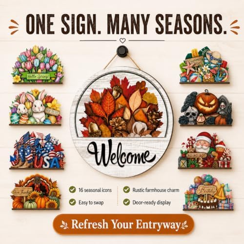 16 Pcs Interchangeable Welcome Sign for Front Door, 12 Inch Wooden Round Door Hanger with 15 Magnetic Seasonal Icons, Farmhouse Porch Entryway Decor for Holiday & Year Round，1Set - Image 3