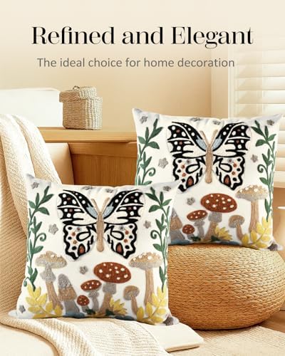 Embroidered Throw Pillow Covers 18x18 Inch - Set of 2 Summer Decorative Pillow Covers with Zipper Aesthetic Cute Design Throw Pillowcases for Couch Sofa Bed, Butterfly Moon - Image 5