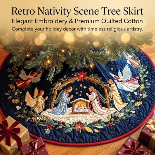 Christmas Tree Skirt Vintage Quilted Applique 36/48/72 Inch Holiday Decor (Blue,Large) - Image 2