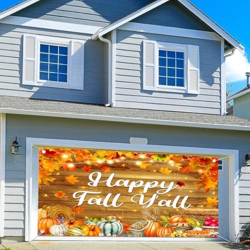 16X7Ft Happy Fall Garage Door Cover, Extra Large Garage Door Fall Thanksgiving Cover Banner Autumn Maple Leaves Pumpkin Wall Decorations for Outdoor Home Yard Decor Party Photo Backgrounds - Image 2