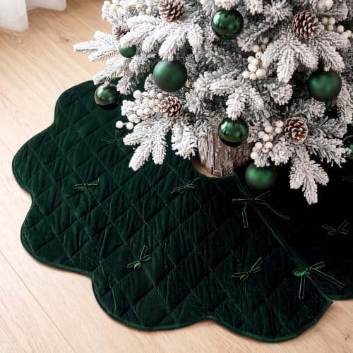 48 Inches Quilted Christmas Tree Skirt, Thick Rustic Trees Skirt, Green by Junkin