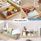 Rectangle Rattan Tray with Mother of Pearl Inlay, Rattan Serving Tray with Handle for Coffee, Bread, Fruits, Snacks, Decorative Wicker Tray for Table Decor (Rectangle Green Leaf, 13"×9") - Image 2