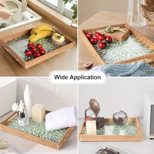 Rectangle Rattan Tray with Mother of Pearl Inlay, Rattan Serving Tray with Handle for Coffee, Bread, Fruits, Snacks, Decorative Wicker Tray for Table Decor (Rectangle Green Leaf, 13"×9") - Image 2