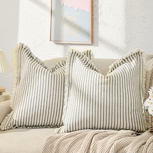 ZWJD Throw Pillow Covers 26x26 Set of 2 Striped Pillow Covers with Fringe Chic Cotton Decorative Euro sham Pillows Square Cushion Covers for Sofa Couch Bed Living Room Farmhouse Decor, (Gray) by ZWJD