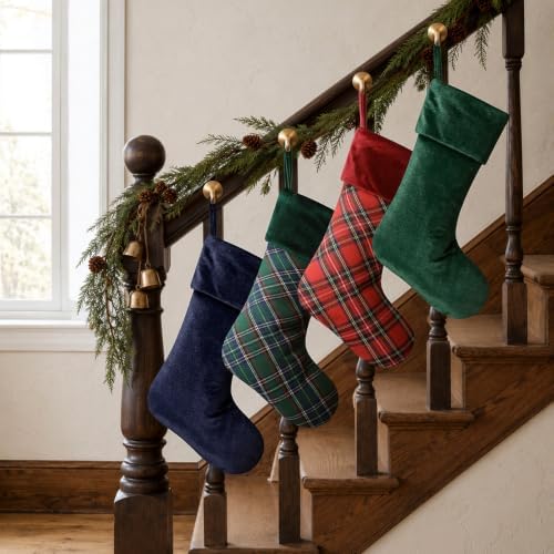 Junkin 4 Pack Tartan Christmas Stockings Navy Blue & Emerald Green - Image 4