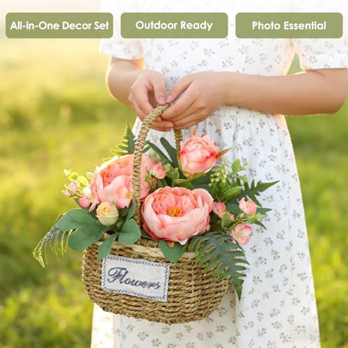 Peonies Artificial Flowers, Spring/Summer Flower Centerpieces for Tables Silk Flower Arrangements with Woven Basket Fake Peonies with Fern Leaves Pink Flower Arrangement for Kitchen Dinner Table - Image 6
