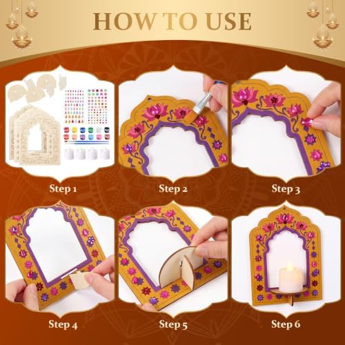 24 Set Diwali Coloring Lotus Candle Holder Kit Wooden Craft for Pooja - Image 5