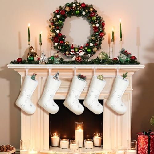 12 Pcs Faux Fur Christmas Stockings 18'' Large Xmas Snowflake Plush Hanging Stocking Glitter Sequin Embroidered Christmas Stockings for Family Fireplace Party Decoration(Beige and Silver) - Image 5