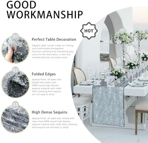 10 Packs 12 x 72 inches Black Silver Sequin Table Runner - Image 3