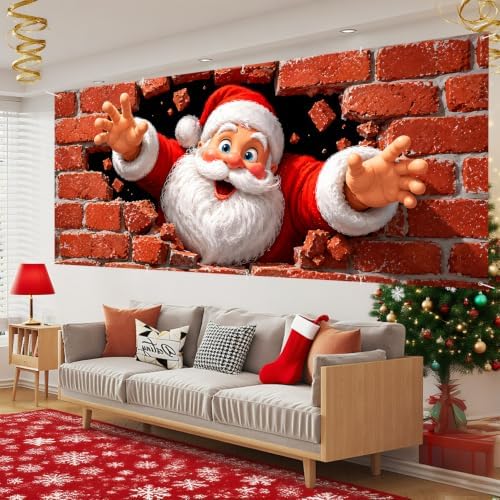 Funny Santa Claus Christmas Garage Door Banner 7x16 FT, Large 2-Car Brick Wall Breaking Through Outdoor Mural Backdrop, Cool Holiday Hanging Peeking Cover Sign Decoration for House Exterior Party - Image 5