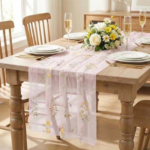 Artoid Mode 6PC Wildflower Floral Light Pink Gauze Embroidery Table Runner 120 Inch 10FT, Tulle Seasonal Spring Kitchen Dining Table Decor for Home Party - Image 2