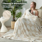 Snuggle Sac Faux Fur Checkered Blanket Twin Size with Soft Knitted Microfiber,Reversible Soft Cozy Warm Blanket for Sofa Bedroom,Cute Lightweight Striped Throws for Women,Heather Cream,60x80 inches - Image 2