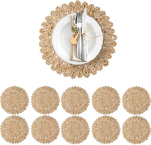 13.8" Set of 10 Corn Husk Woven Round Placemats by DaiVuCrafts by DaiVuCrafts
