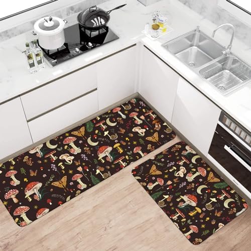 Boho Kitchen Mat Set of 2,Black Mushroom Modern Farmhouse Kitchen Rugs and Mats Non Skid Washable,Bohemia Runner Rugs with Rubber Backing for Kitchen Decor Accessories (17"x47"+17"x30") - Image 2