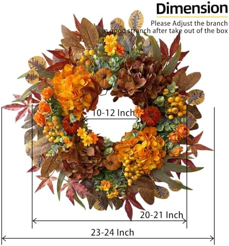 HipTree 24 Inch Fall Wreath for Front Door with Hydrangea&Velvet Pumpkin - Image 3
