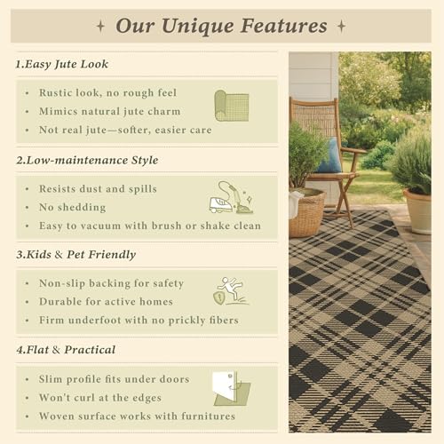 Easy Jute 2x4 Entryway Rug, Black & Beige Diagonal Plaid, Washable - Image 6