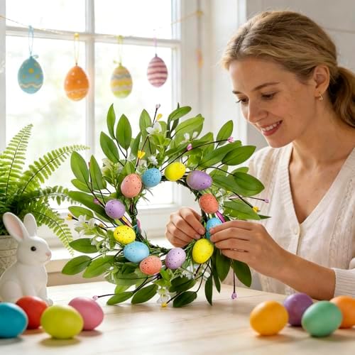 8 Pcs 10" Small Easter Wreaths for Kitchen Cabinets, Mini Easter Egg Wreaths with Burlap Ribbon, Spring Farmhouse Artificial Wreath Set for Window, Table, Shelf & Cabinet Decor - Image 3