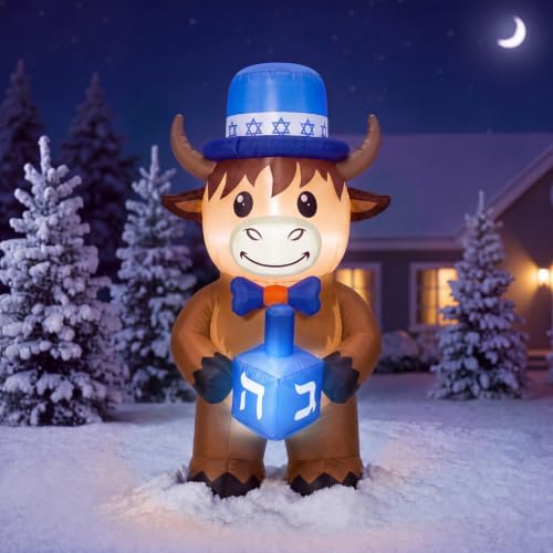 Thenshop 4 ft Hanukkah Inflatable Highland Cow Hold Dreidel LED Yard Decor by Thenshop