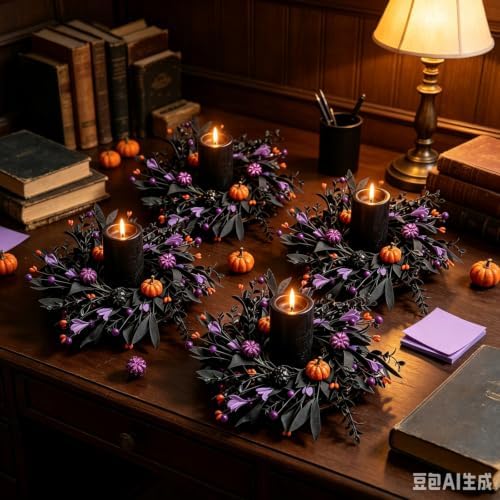 6 Pcs Halloween Mini Candle Ring Wreaths for Cabinets Small Pillar Candle Holder Wreath with Black Leaves Purple Flowers Orange Purple Berries Mini Pumpkins Glitter Artificial Spooky Gothic Wreaths - Image 2