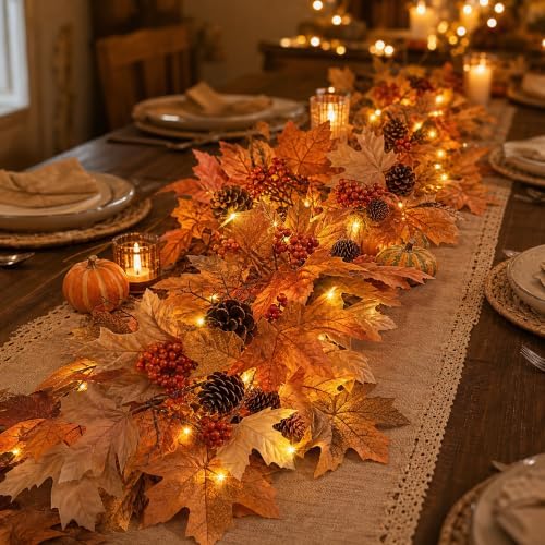 6 FT Lighted Fall Garland with Timer, Maple Leaves and Pinecones - Image 4