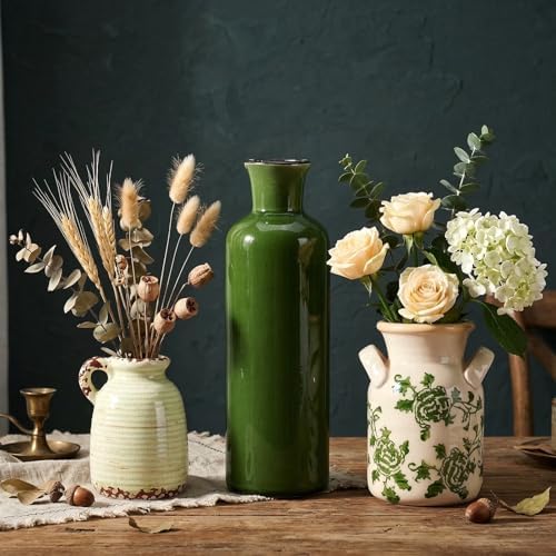 Ceramic Vases Set of 3,Green & Beige Farmhouse Vintage Rustic Vase by Unknown