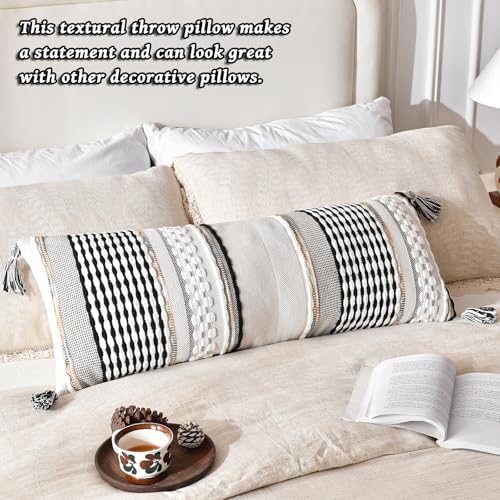 AmHoo Chenille Striped Textured Boho Throw Pillow Covers Aesthetic with Tassels Woven Decorative Pillow Case for Couch Bed Sofa Bedroom Modern Funky 14 x 36-Inch Black - Image 5