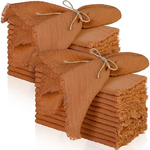 TURSTIN 24 Pieces Cotton Linen Cloth Napkin Handmade Cloth Napkin with Fringe 17 x 17 Inch Soft Dinner Wedding Napkins Square Rustic Fringe Table Napkins for Dinners, Parties, Weddings, Terracotta by TURSTIN