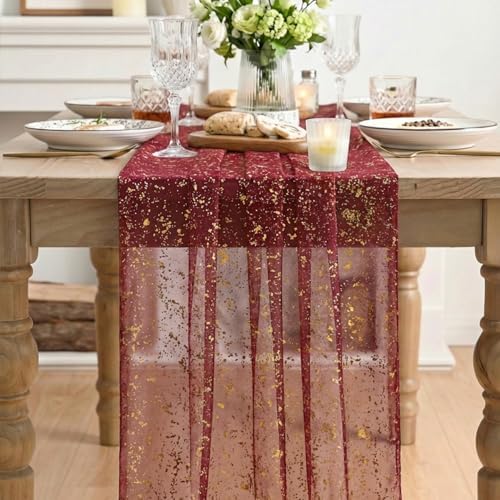 Artoid Mode 10Pcs Burgundy Gauze Gold Table Runner 10FT, Glitter Metallic Foil Sheer Dining Wedding Anniversary Holiday Table Decor for Home Party - Image 2