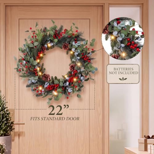 Kajaia 22'' Christmas Wreath for Front Door with Lights Decoration, Red - Image 4