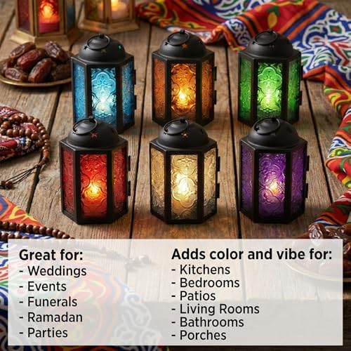VELA LANTERNS Mini Moroccan Tea Light Candle Holder Lanterns – 4.25" Small Decorative Lantern for Table or Hanging, Metal with Glass Panels – Ramadan, Wedding, Home Decor, Assorted (Set of 6) - Image 2