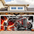 Vintage Hot Rod Garage Door Banner 7x16ft, Heavy Metal Muscle Car Outdoor Decoration, Flaming Skull Racing Car Double Garage Door Cover Tapestry Mural for House Front Man Cave Decor Accent by LEIWEIHOPE
