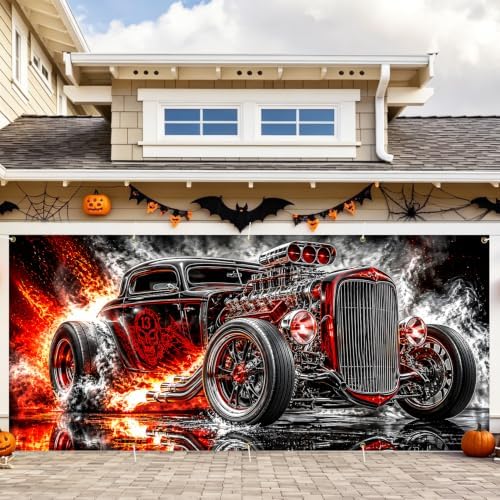Vintage Hot Rod Garage Door Banner 7x16ft, Heavy Metal Muscle Car Outdoor Decoration, Flaming Skull Racing Car Double Garage Door Cover Tapestry Mural for House Front Man Cave Decor Accent by LEIWEIHOPE