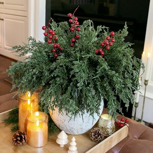 Cedar Stems Artificial Norfolk Pine Branches for Christmas Decor, 12 PCS Fake Pine Stems with 3 PCS Red Berries Branches Realistic Fake Plants Faux Greenery for Vases DIY Garland Xmas Table Indoor - Image 2