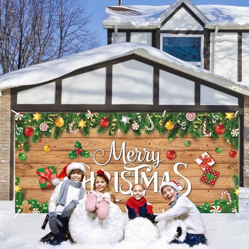 HunnmingRe 16 x 7ft Christmas Garage Door Cover, Wood Style - Image 3