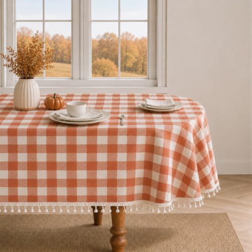 Fall Orangle Gingham Oval Tablecloth, Cotton Linen Texture, 52"x70" - Image 2