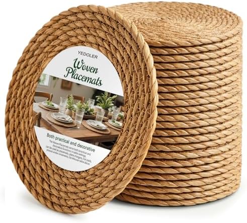 24 Pcs Round Woven Placemats - Yedoler 13 in Farmhouse Boho Straw Heat Resistant Outdoor Patio Rattan Wicker Table Mats, Natural Water Hyacinth Place Mats Coasters for Dining Table,Home,Wedding by Unknown
