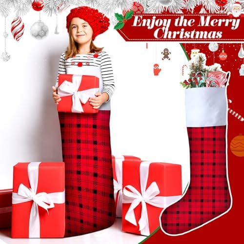 Maitys 5 Pcs Jumbo Christmas Stockings 43 Inch,Plaid Style,Red, Black - Image 5