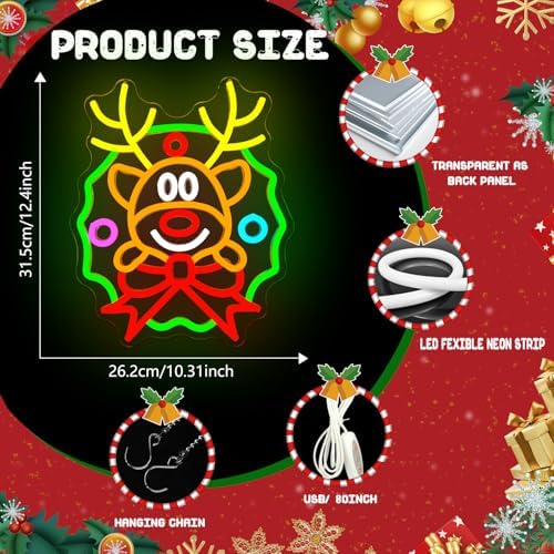 Christmas Neon Sign Wreath Elk Neon Sign for Wall Decor Deer Led Neon Christmas Lights Dimmable Reindeer Light Up Signs for Window Wall Art for Bedroom Festival Xmas Party Home Decoration Gift - Image 3