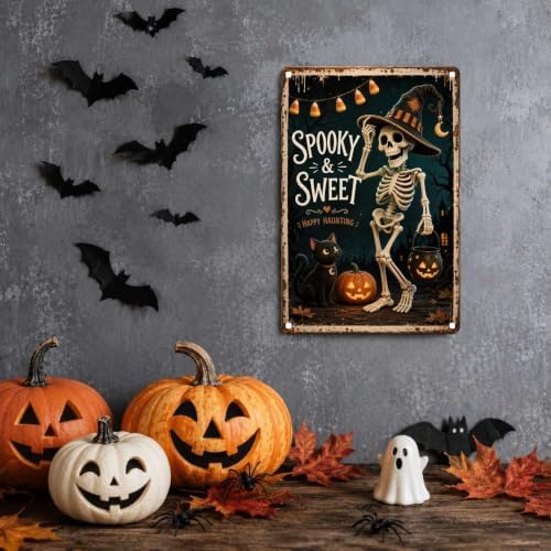 Vintage Metal Tin Sign Halloween Skeleton Witch Black Cat Pumpkin Vintage Wall Art for Porch Bar 8×12 Inches with Metal Frame - Image 2