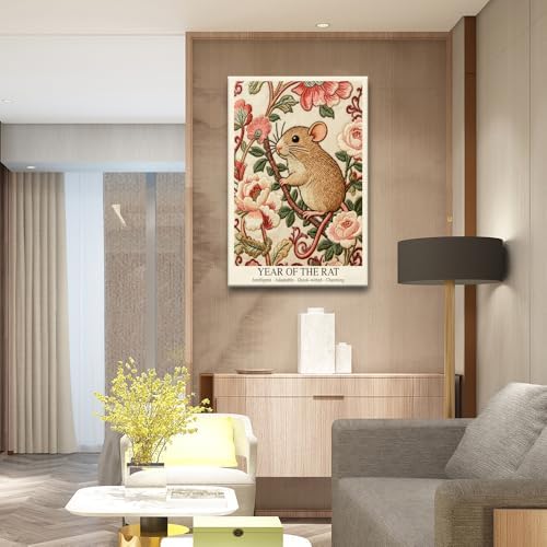 Elegant Chinese Zodiac Wall Art - Year of the Rat Poster with Embroidery Style Floral Pattern for Home Office and Apartment Decor 16X24 in Black Framed - Image 7